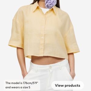 H&M yellow linen blouse button down shirt crop top